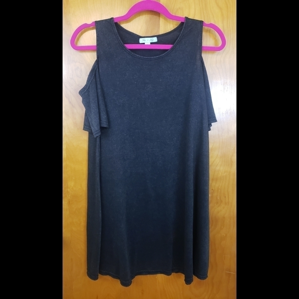 She+Sky Grey Acid Wash Open Shoulder T-shirt Dress